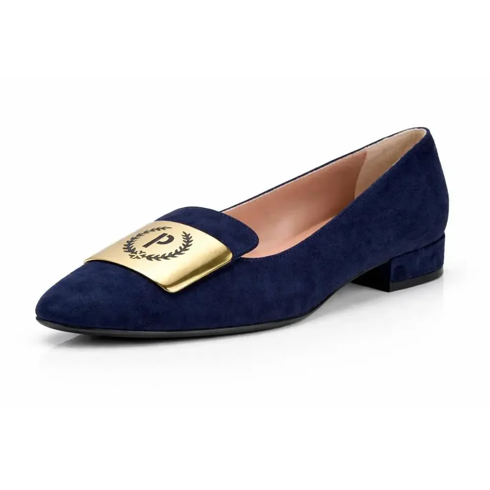 Pollini Clodette15 Oceano Navy Suede Ballerinas w/ Gold Plaque EU 35 / US 5 NWB - Picture 1 of 12
